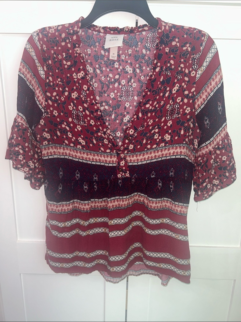 Knox Rose Red Mixed-Print V-Neck Boho Blouse